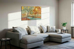 Sunlit Folk Garden Reverie canvas wall art displayed above a bed in a contemporary bedroom