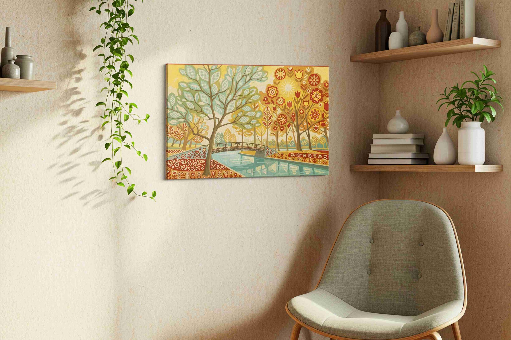 Sunlit Folk Garden Reverie canvas wall art styled in a living room