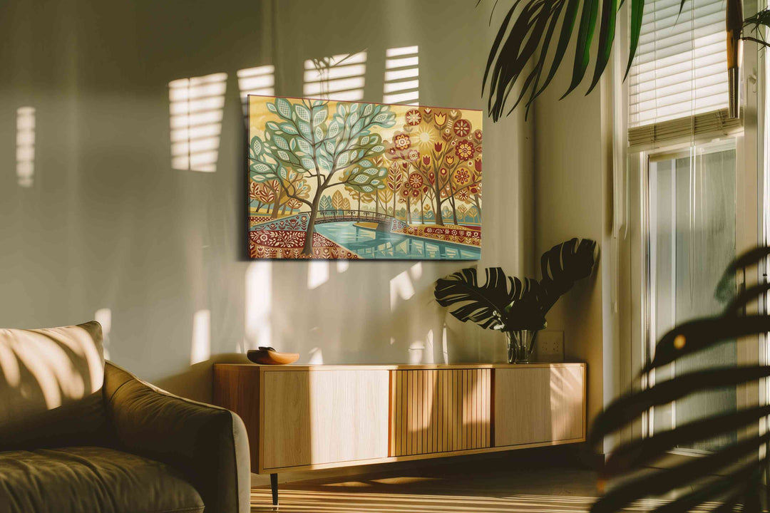 Sunlit Folk Garden Reverie - Floral Canvas Print, Botanical Wall Art, Flower Canvas Art