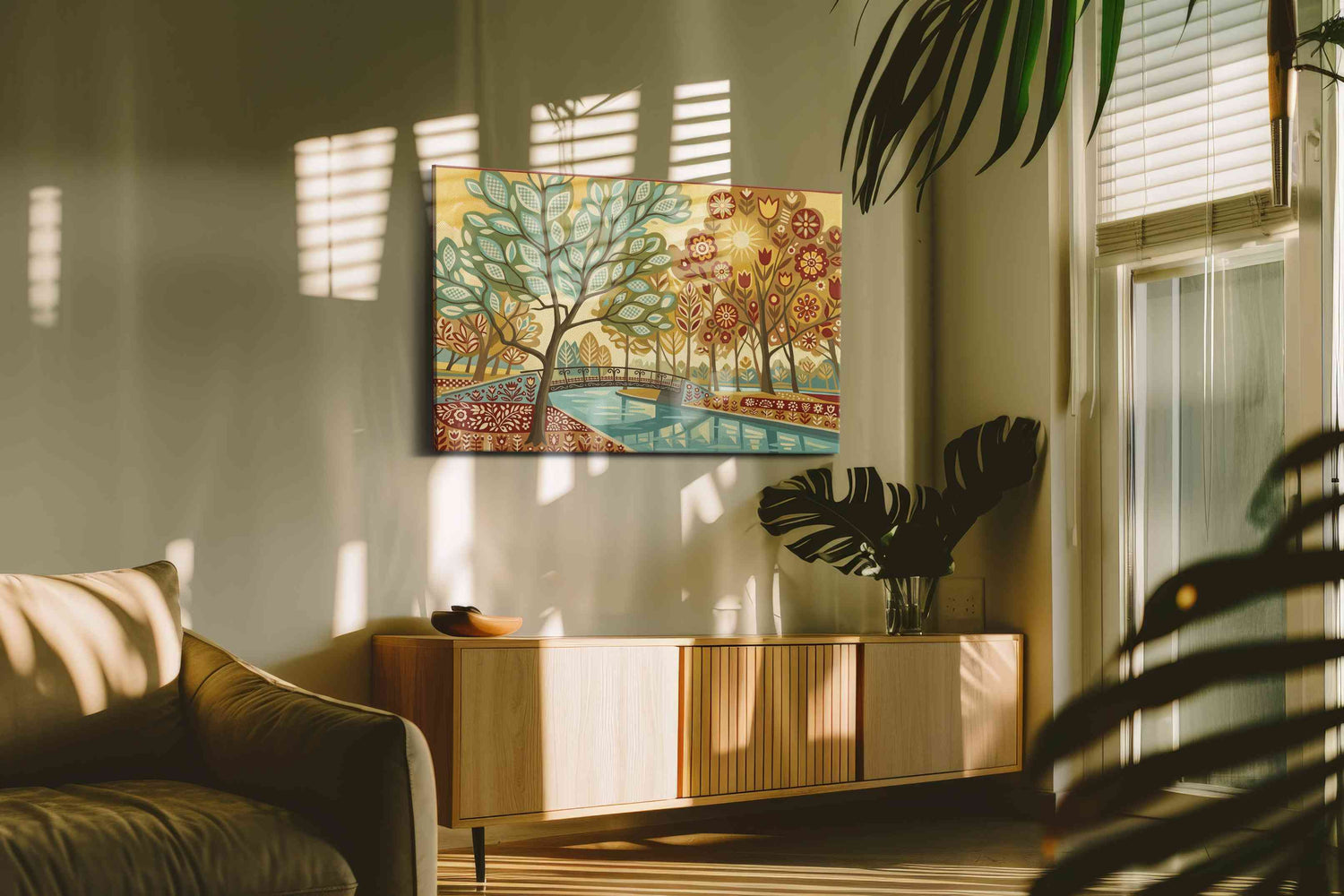 Sunlit Folk Garden Reverie - Floral Canvas Print, Botanical Wall Art, Flower Canvas Art