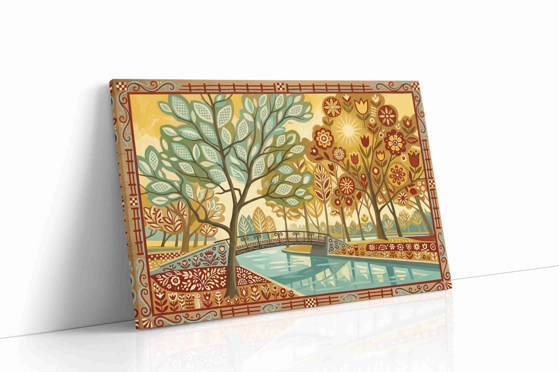 Sunlit Folk Garden Reverie canvas wall art displayed above a sofa in a modern living room