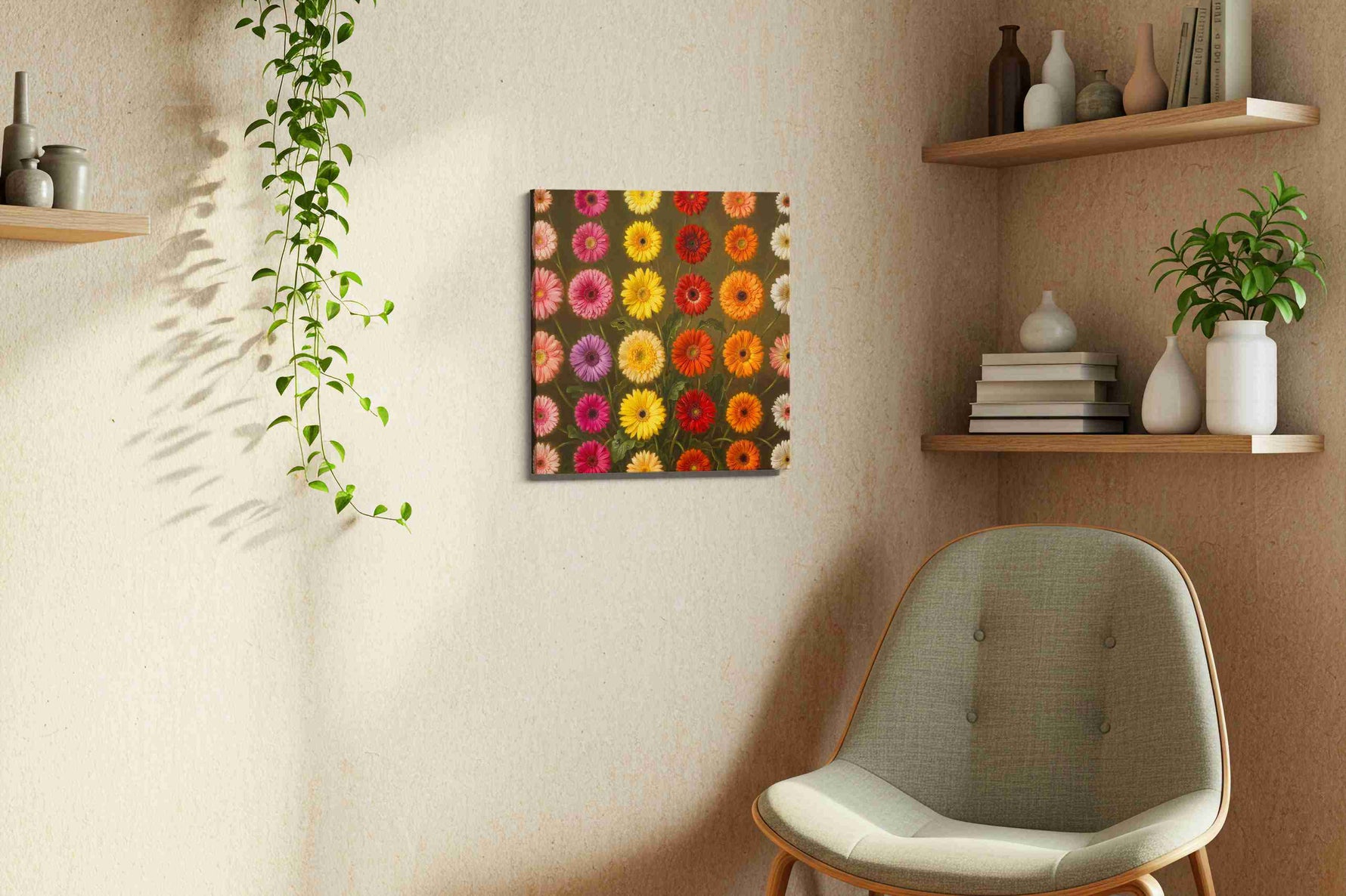 Velvet Gerbera Reverie canvas wall art styled in a living room
