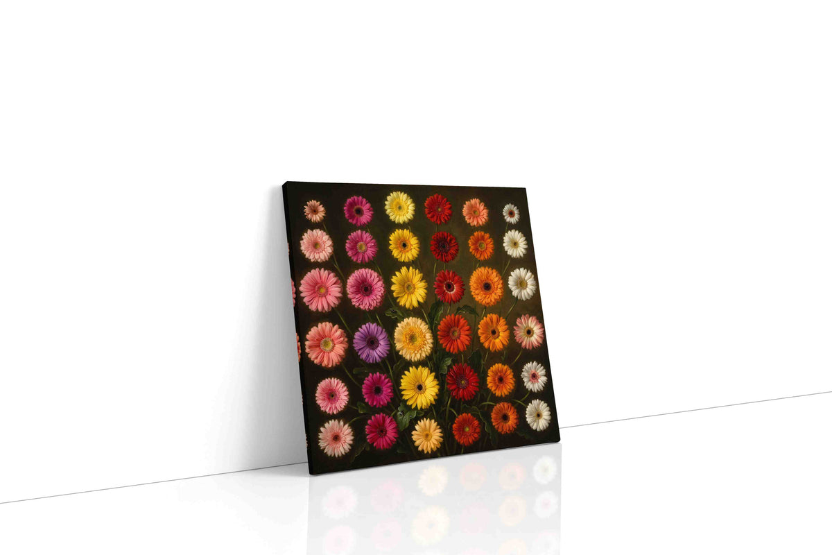 Velvet Gerbera Reverie canvas wall art displayed above a sofa in a modern living room