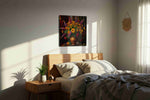 Velvet Nocturne in Gold canvas wall art displayed above a bed in a styled bedroom scene