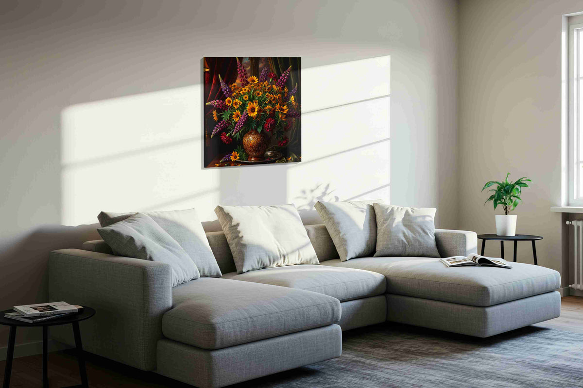 Velvet Nocturne in Gold canvas wall art displayed above a sofa in a styled living room scene