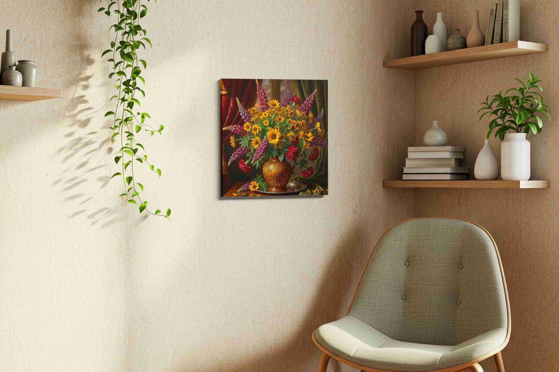 Velvet Nocturne in Gold canvas wall art styled in a living room