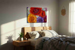Velvet Solstice Bouquet canvas wall art displayed above a bed in a styled bedroom scene