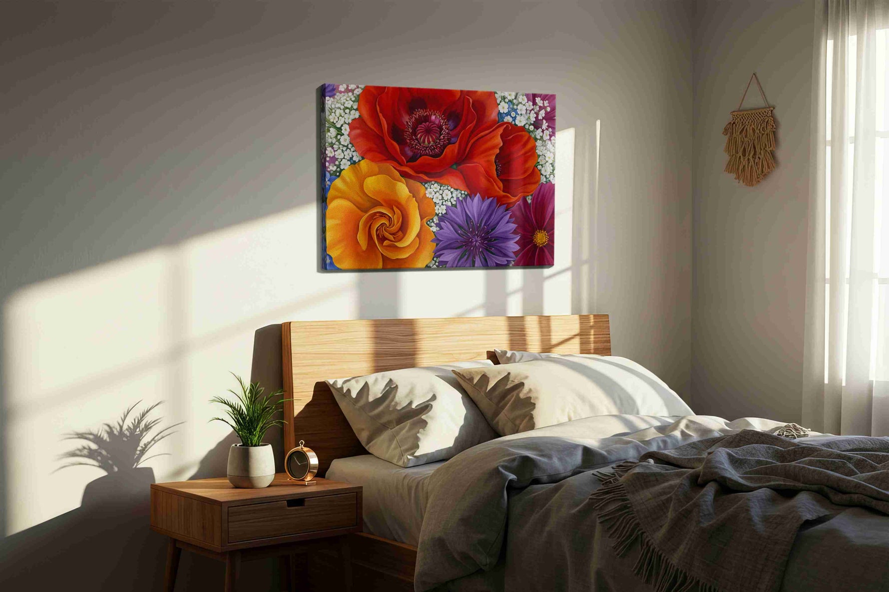 Velvet Solstice Bouquet canvas wall art displayed above a bed in a styled bedroom scene