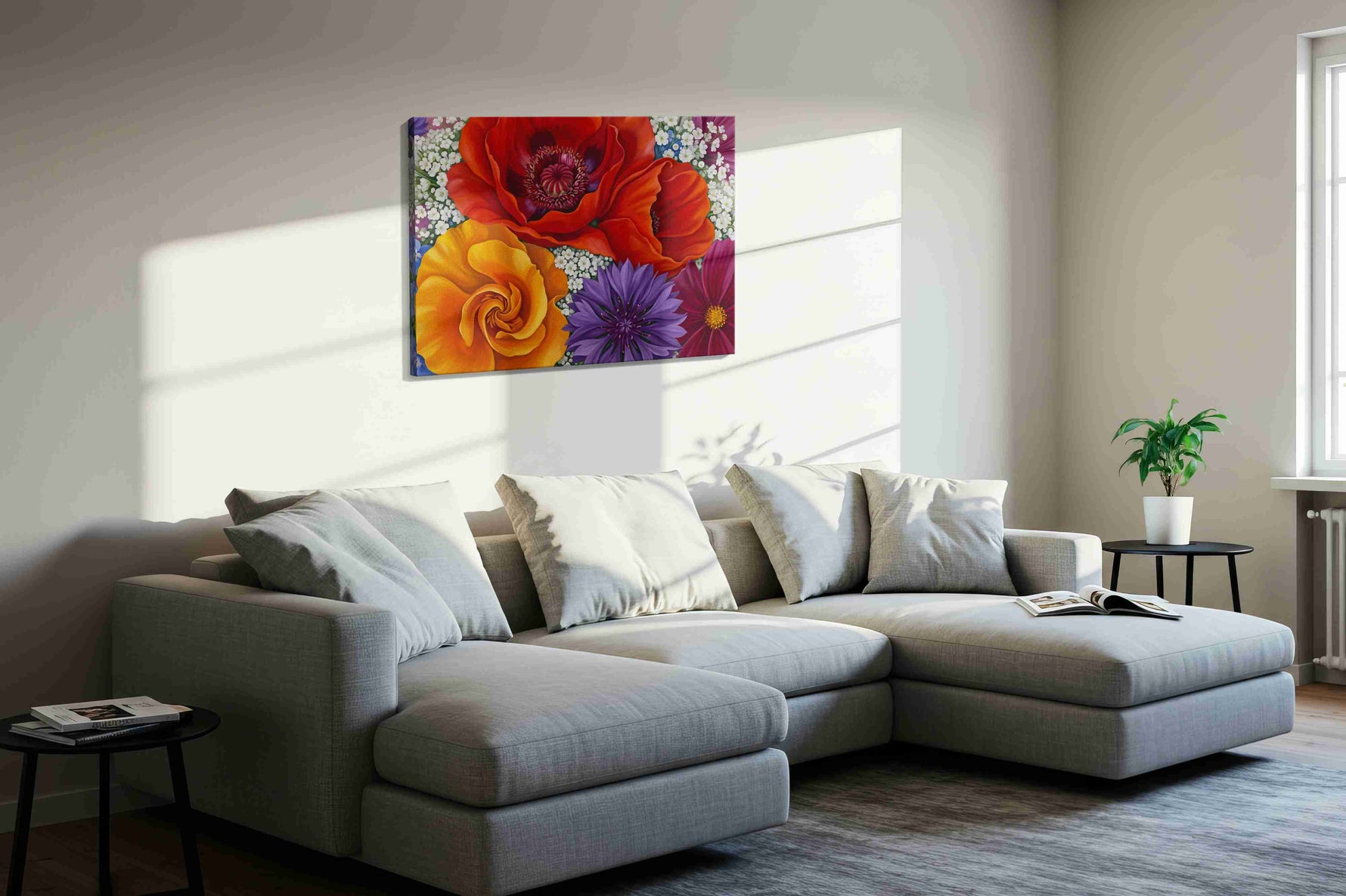 Velvet Solstice Bouquet canvas wall art displayed above a sofa in a styled living room scene