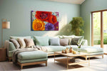 Velvet Solstice Bouquet canvas wall art displayed above a bed in a contemporary bedroom