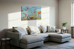 Whispers Over Wildflower Sky canvas wall art styled in a living room