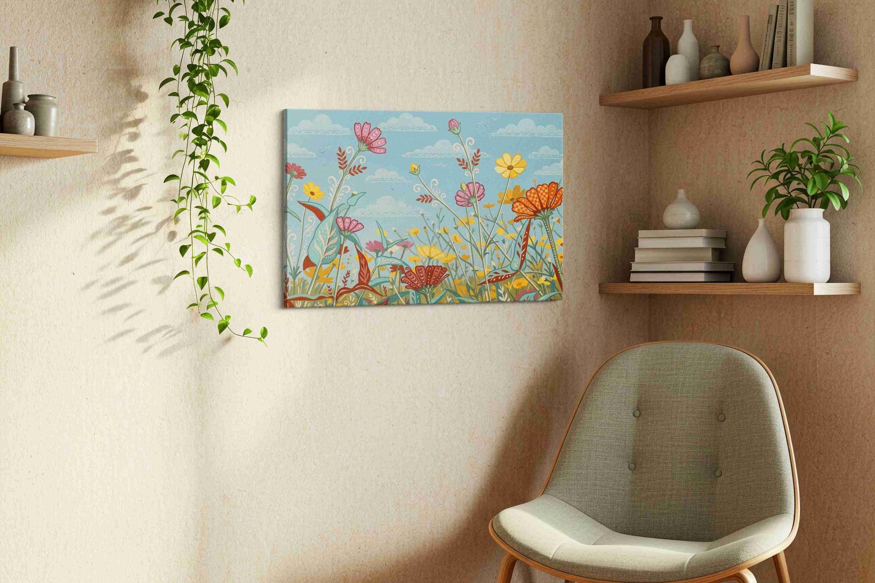 Whispers Over Wildflower Sky canvas wall art displayed above a bed in a contemporary bedroom