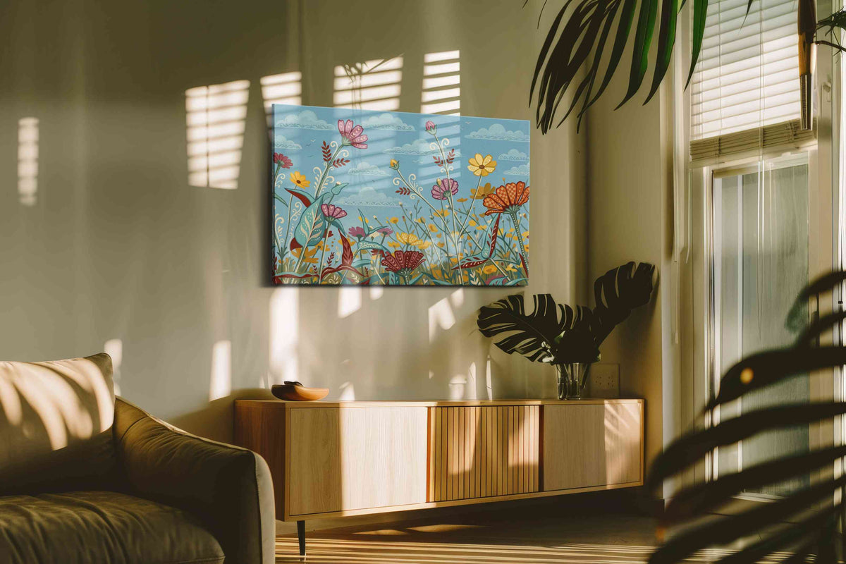 Whispers Over Wildflower Sky canvas wall art shown hanging in a styled interior
