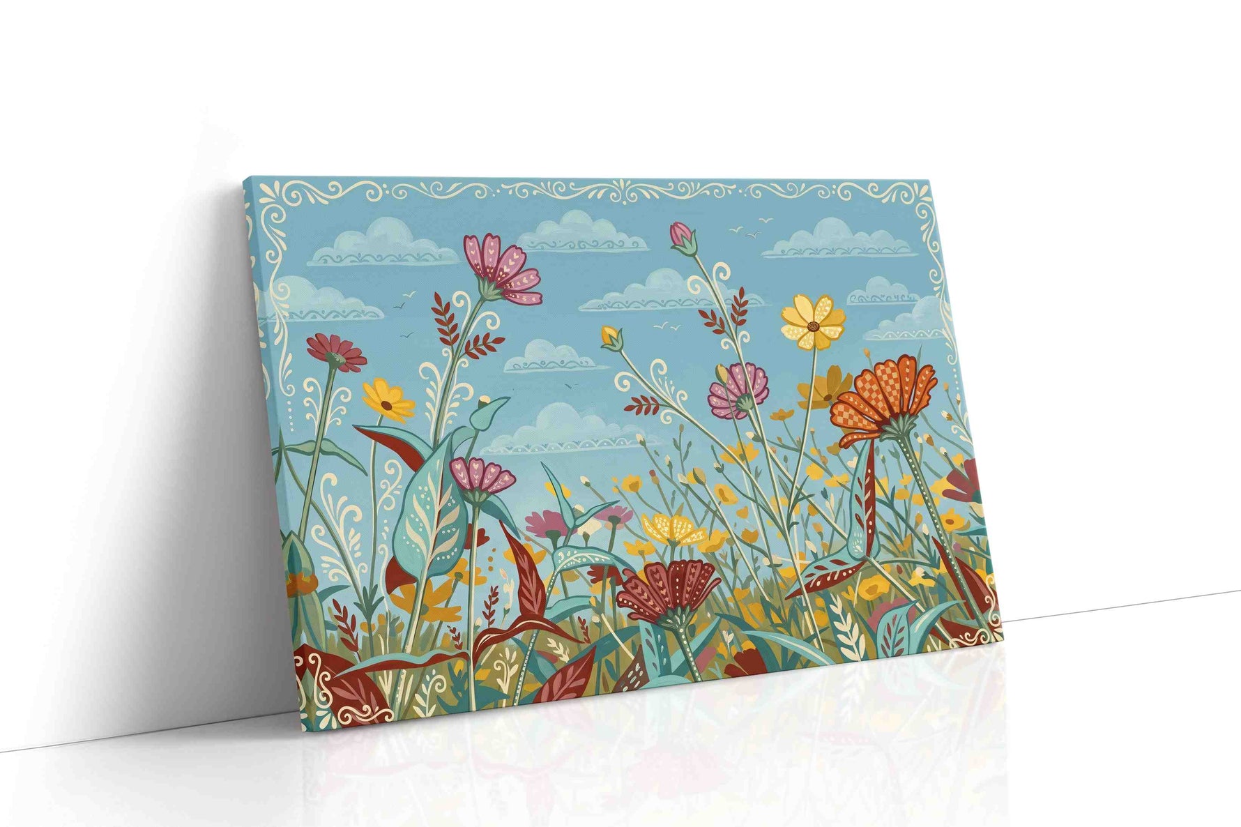 Whispers Over Wildflower Sky canvas wall art displayed above a sofa in a modern living room