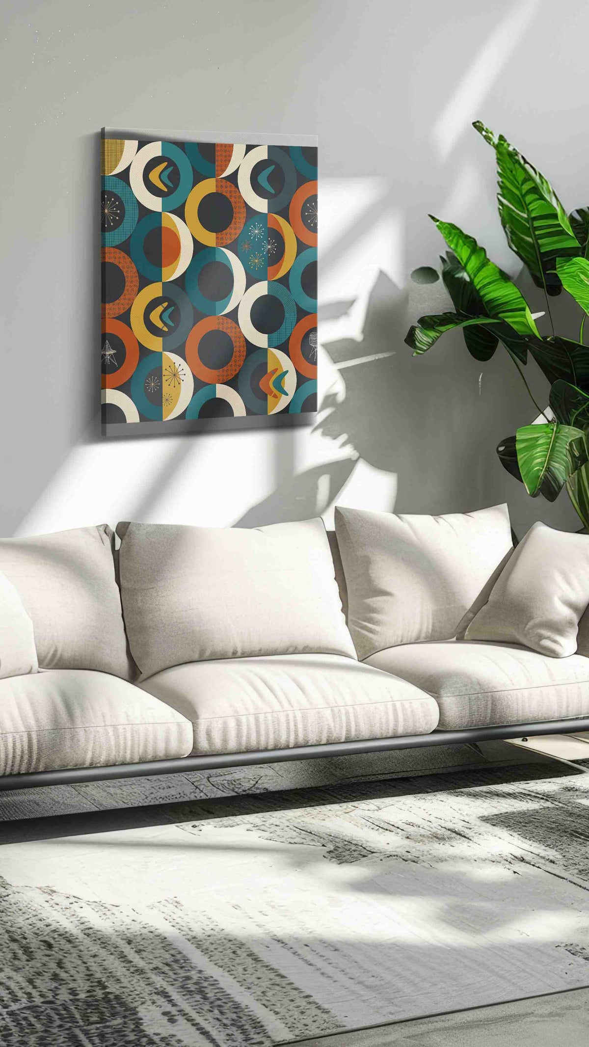 Atomic Eclipse Reverie geometric canvas wall art in a modern interior mockup