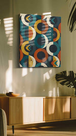 Atomic Eclipse Reverie geometric canvas wall art in a contemporary interior mockup