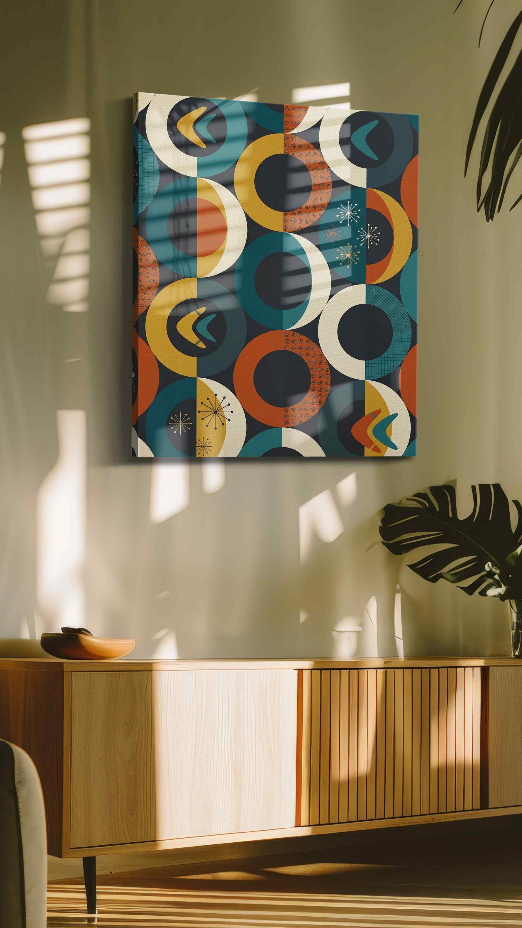 Atomic Eclipse Reverie geometric canvas wall art in a contemporary interior mockup