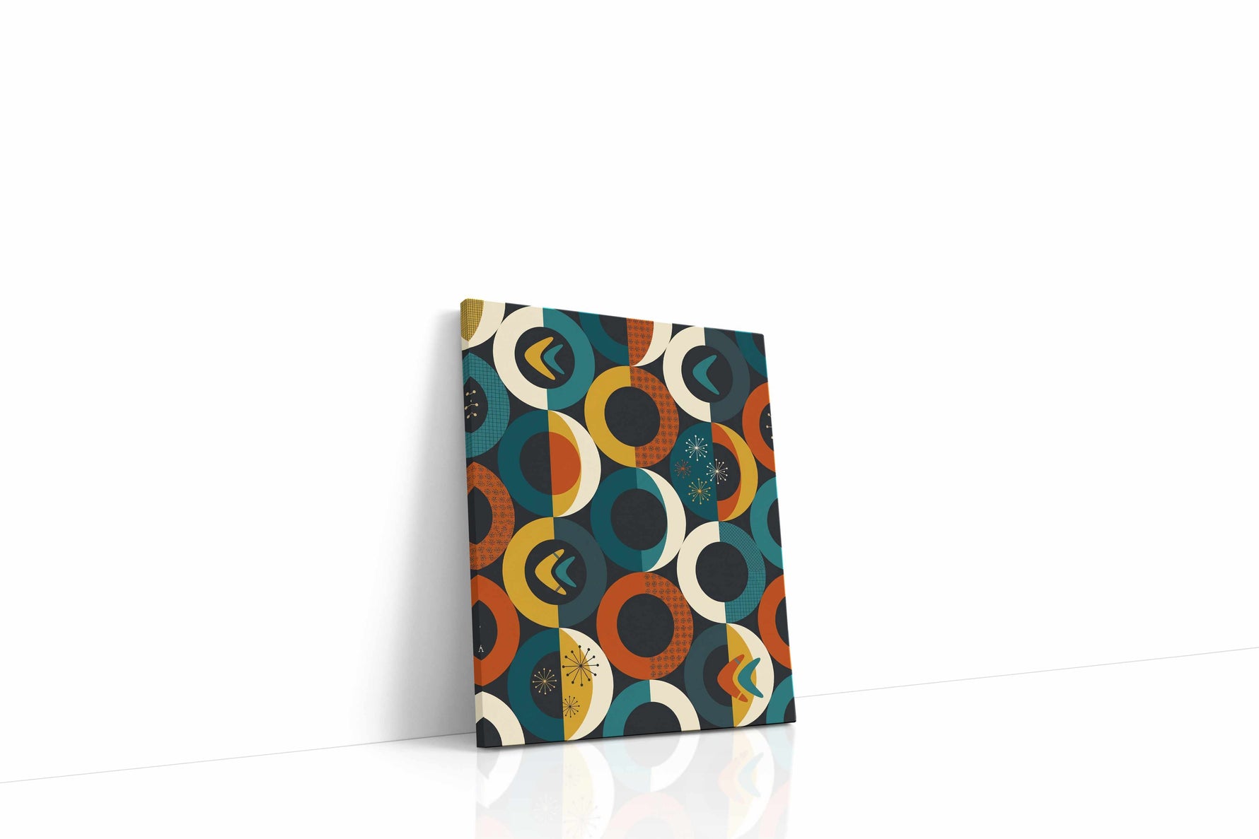 Atomic Eclipse Reverie geometric canvas wall art displayed above a sofa in a modern living room