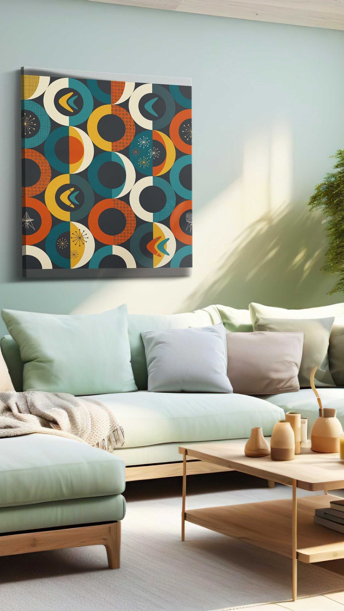 Atomic Eclipse Reverie geometric canvas wall art shown hanging in a styled interior