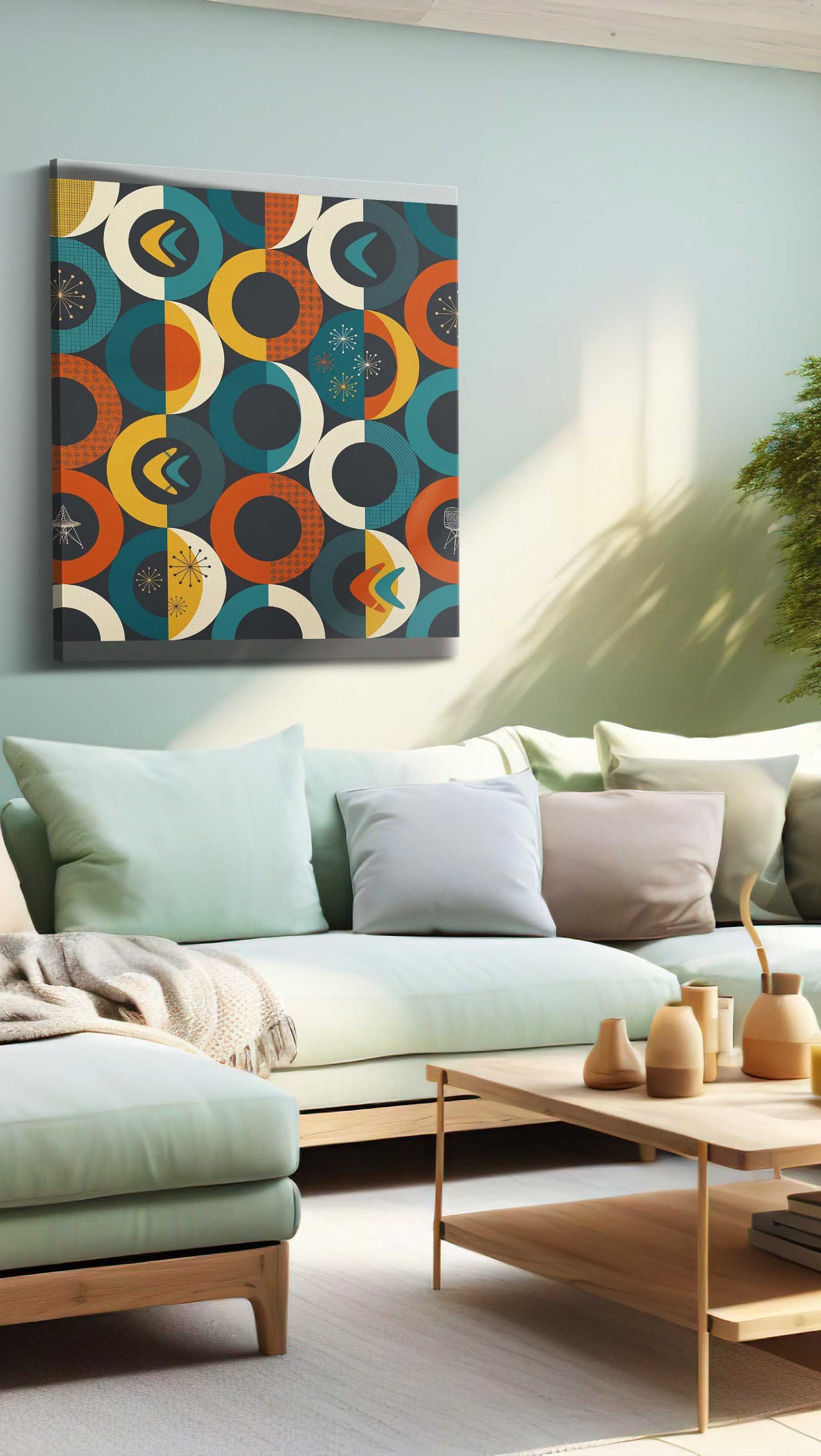 Atomic Eclipse Reverie geometric canvas wall art shown hanging in a styled interior