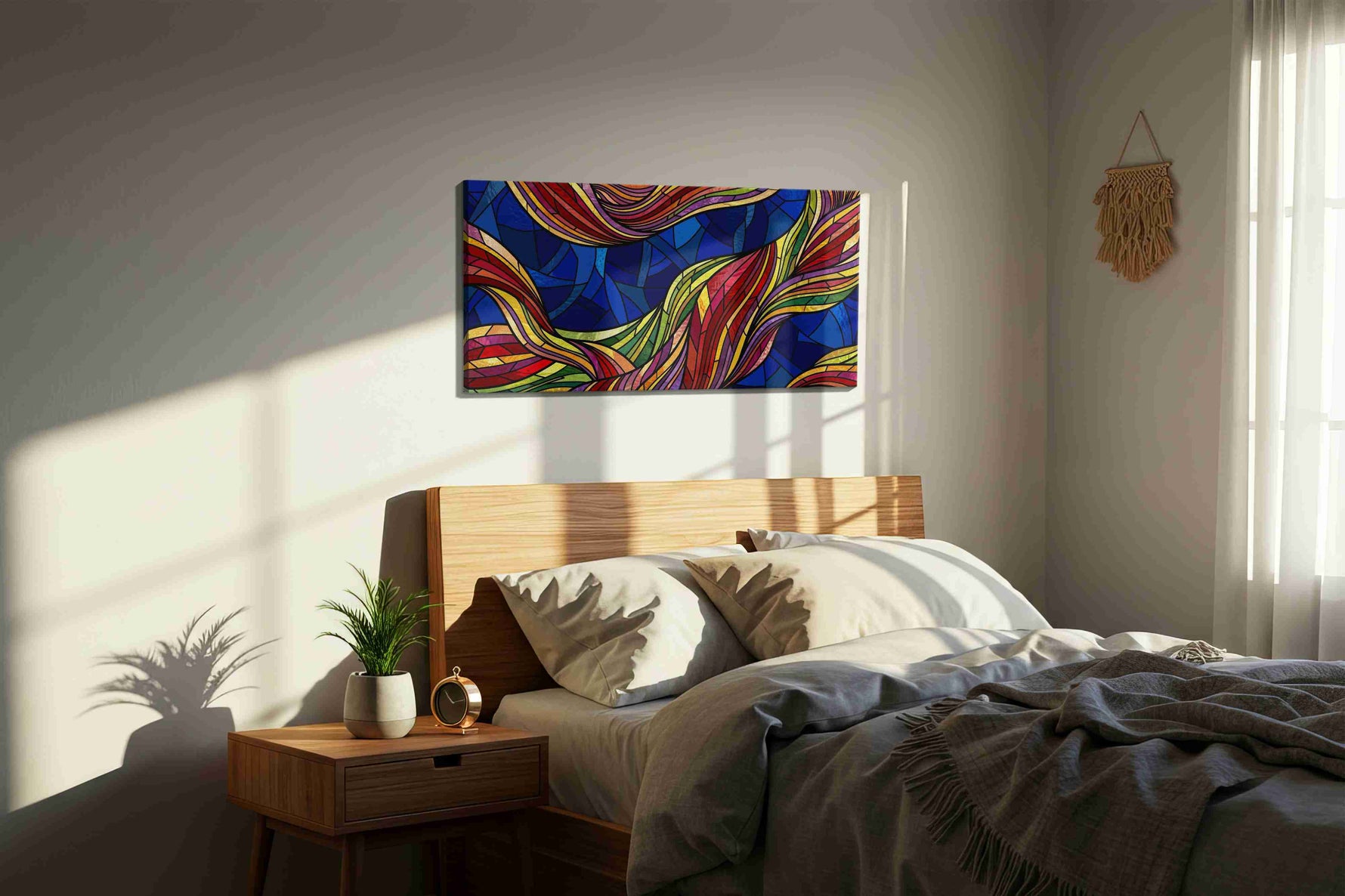 Celestial Feather Rhapsody geometric canvas wall art displayed above a bed in a styled bedroom scene