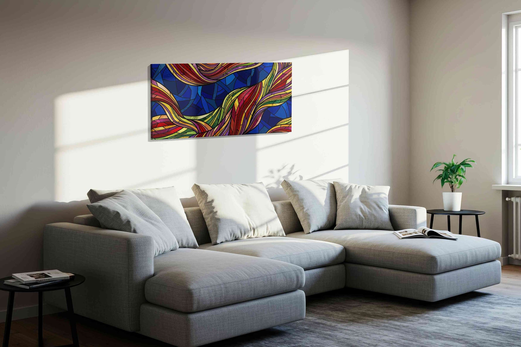 Celestial Feather Rhapsody geometric canvas wall art styled in a living room