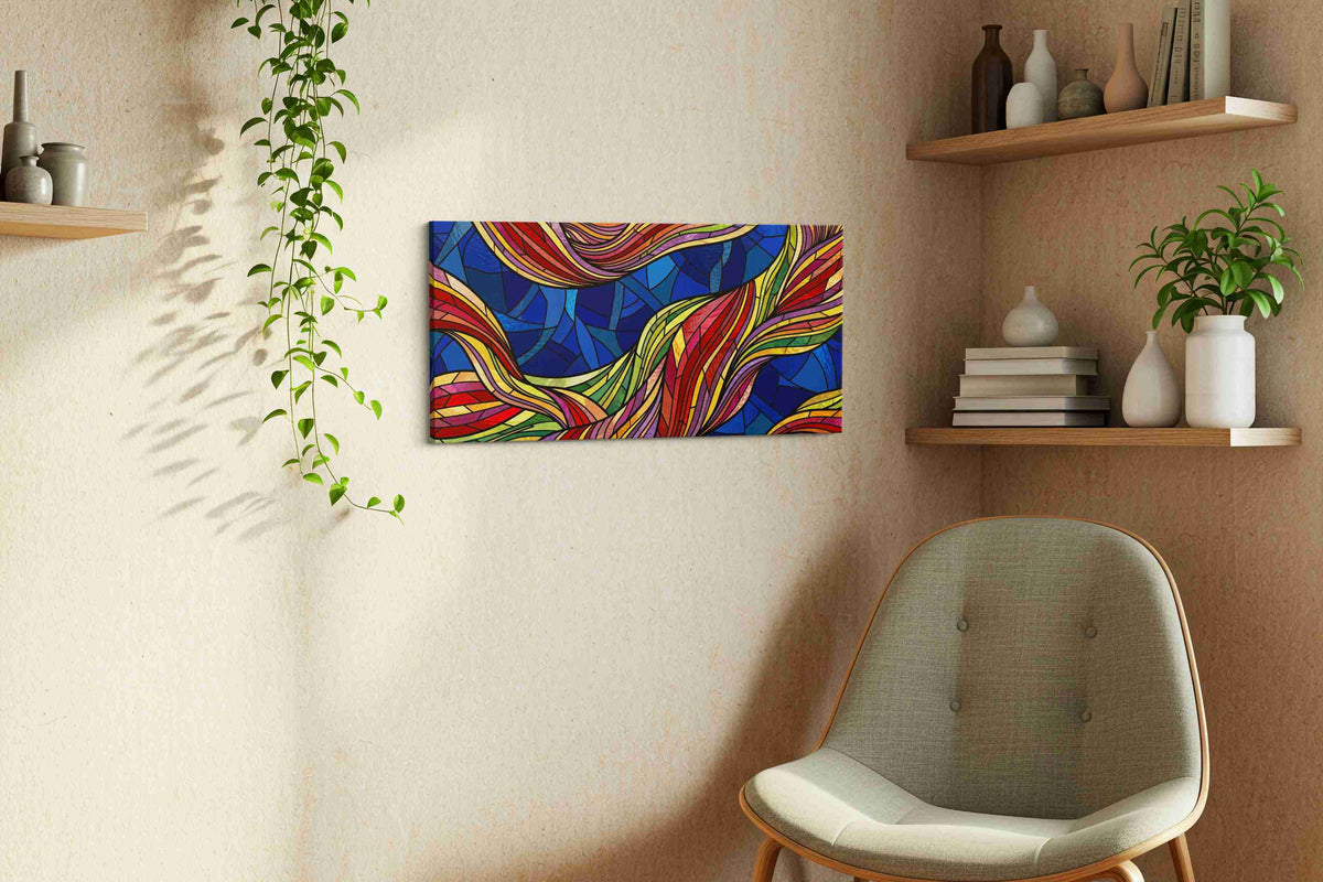 Celestial Feather Rhapsody geometric canvas wall art displayed above a bed in a contemporary bedroom