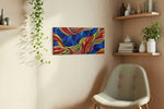 Celestial Feather Rhapsody geometric canvas wall art displayed above a bed in a contemporary bedroom