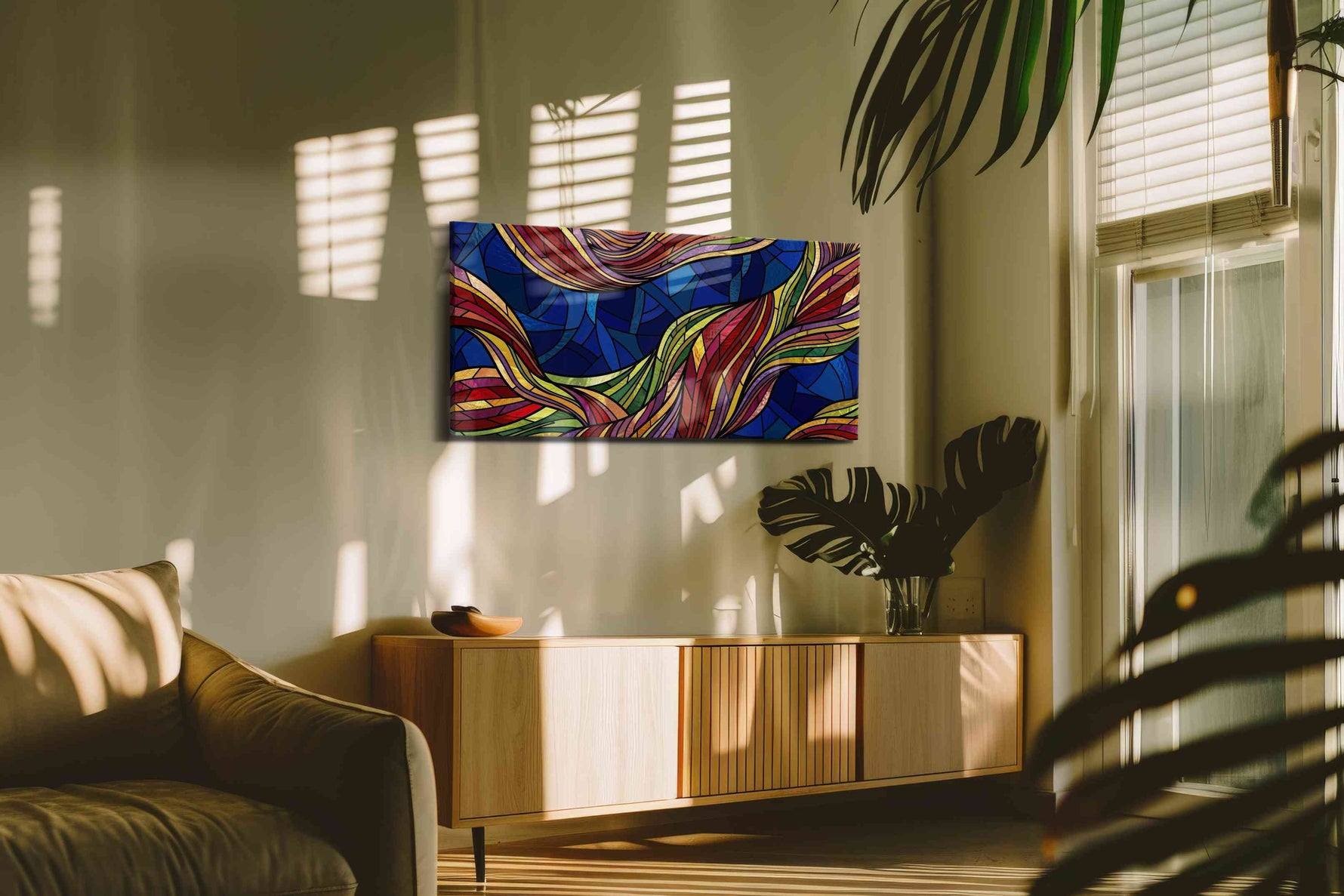 Celestial Feather Rhapsody geometric canvas wall art shown hanging in a styled interior