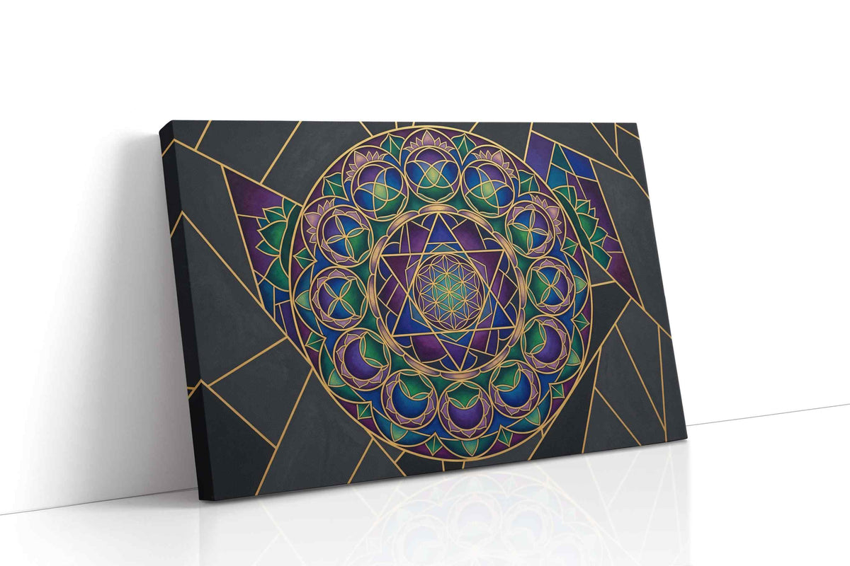 Celestial Indigo Mandala geometric canvas wall art displayed above a bed in a contemporary bedroom