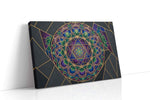 Celestial Indigo Mandala geometric canvas wall art displayed above a bed in a contemporary bedroom