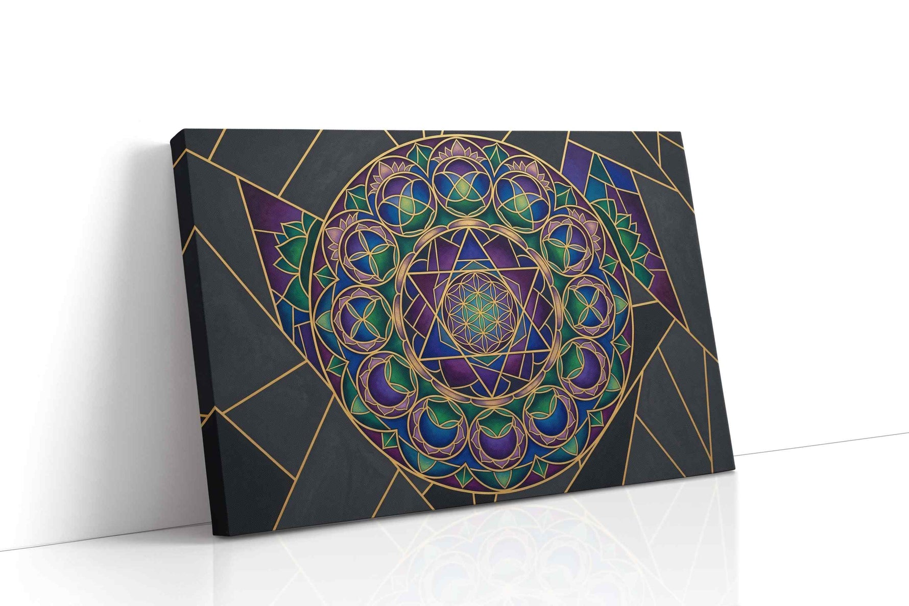 Celestial Indigo Mandala geometric canvas wall art displayed above a bed in a contemporary bedroom