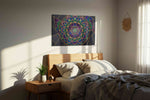 Celestial Indigo Mandala geometric canvas wall art displayed above a bed in a styled bedroom scene