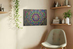 Celestial Indigo Mandala geometric canvas wall art styled in a living room