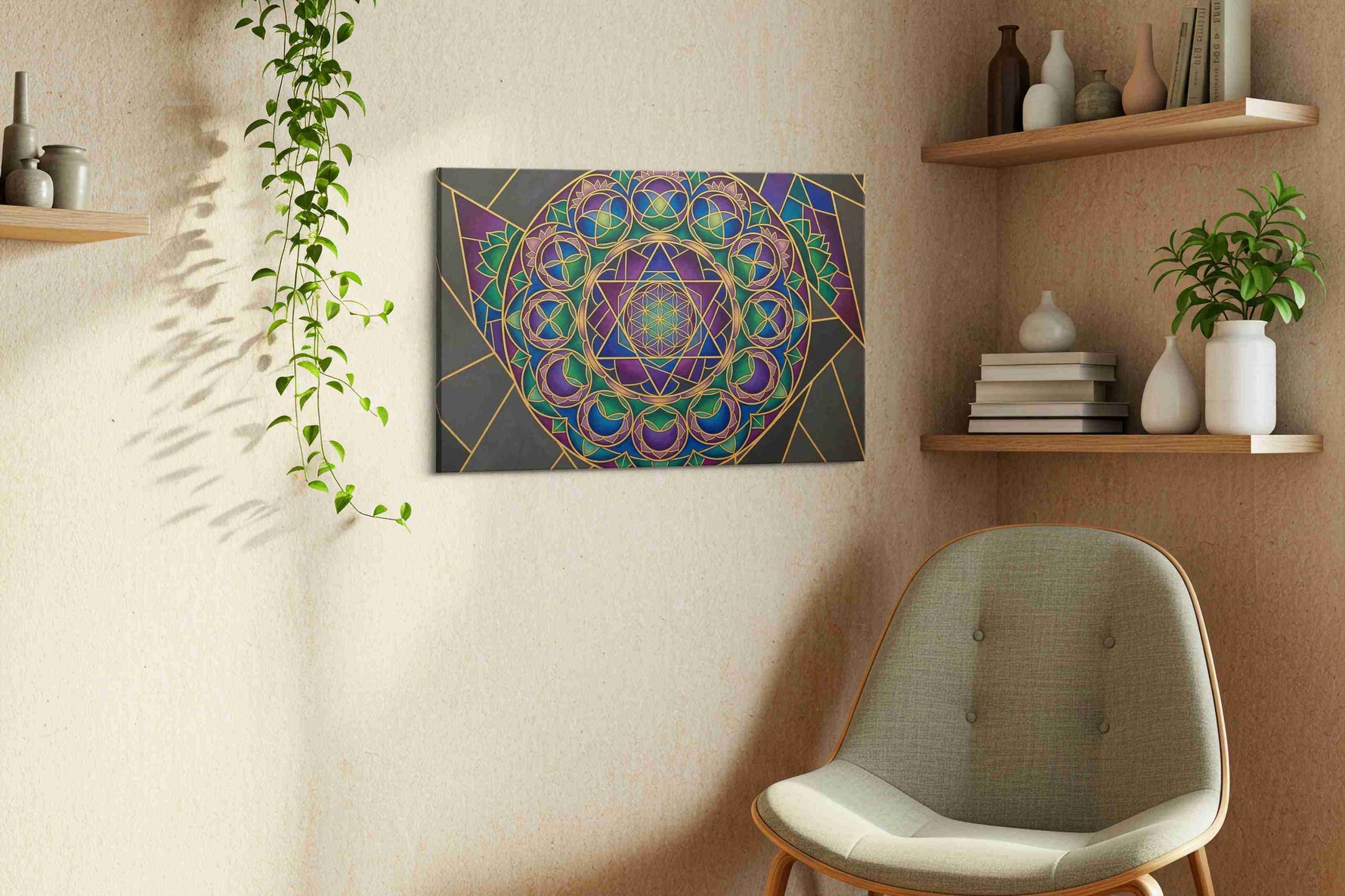 Celestial Indigo Mandala geometric canvas wall art styled in a living room