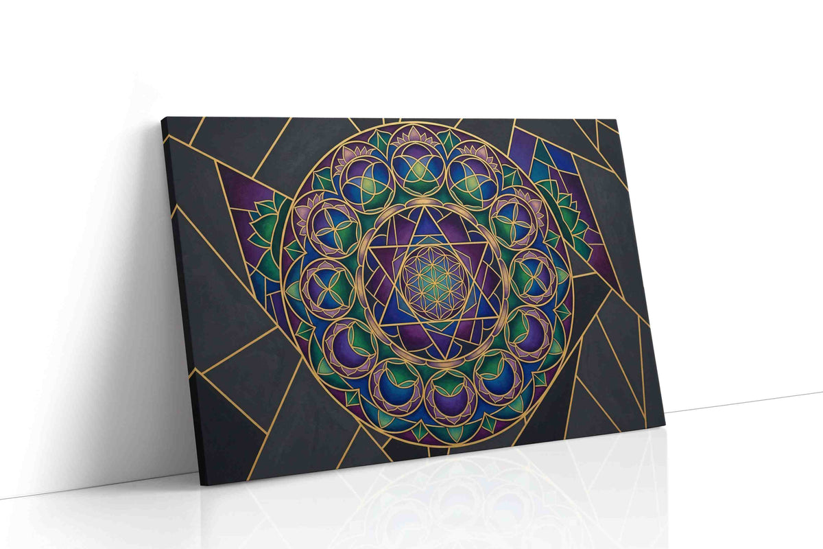 Celestial Indigo Mandala geometric canvas wall art gallery-wrapped landscape canvas studio shot