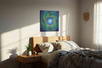 Celestial Lotus Harmonic geometric canvas wall art displayed above a bed in a styled bedroom scene