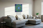 Celestial Lotus Harmonic geometric canvas wall art displayed above a sofa in a styled living room scene