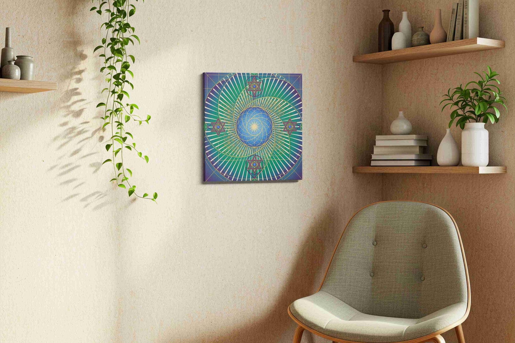 Celestial Lotus Harmonic geometric canvas wall art styled in a living room