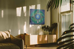 Celestial Lotus Harmonic geometric canvas wall art displayed above a bed in a contemporary bedroom