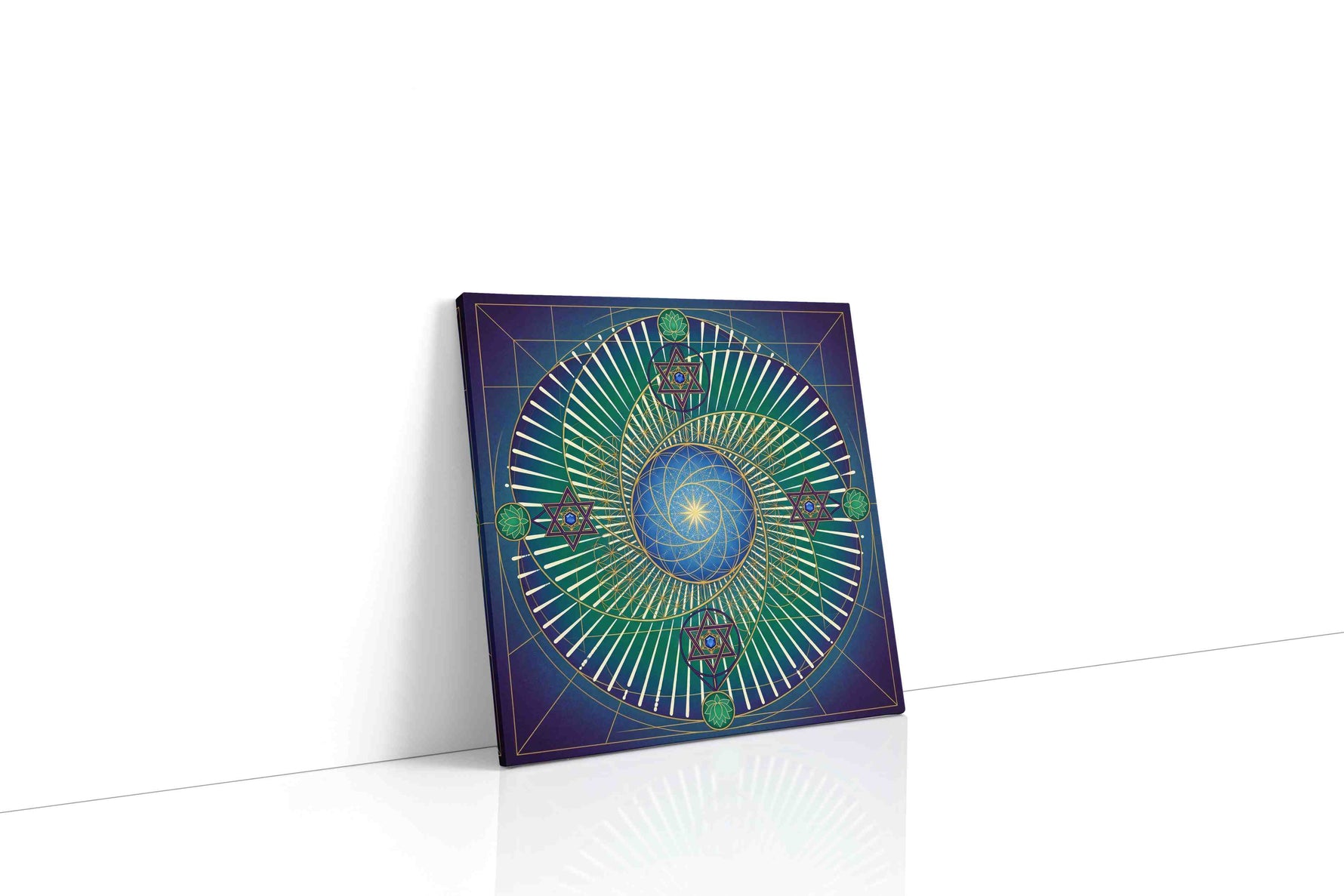 Celestial Lotus Harmonic geometric canvas wall art displayed above a sofa in a modern living room