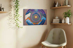 Celestial Mandala of the Peaks geometric canvas wall art displayed above a bed in a contemporary bedroom