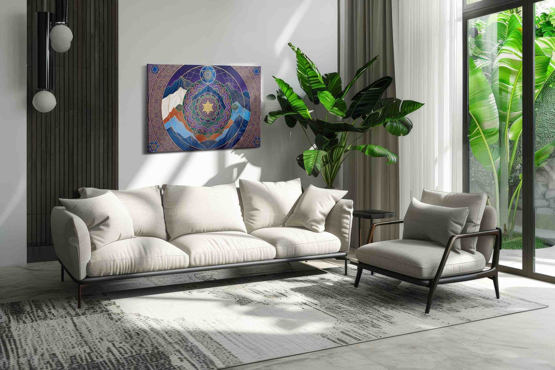 Celestial Mandala of the Peaks geometric canvas wall art shown hanging in a styled interior