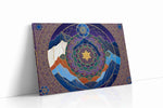 Celestial Mandala of the Peaks geometric canvas wall art displayed above a sofa in a modern living room