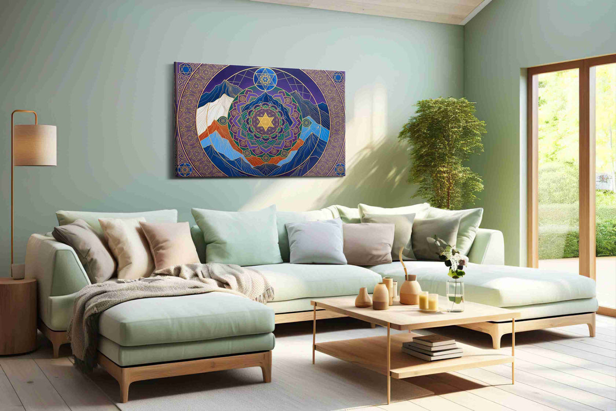 Celestial Mandala of the Peaks geometric canvas wall art shown in a wall scene