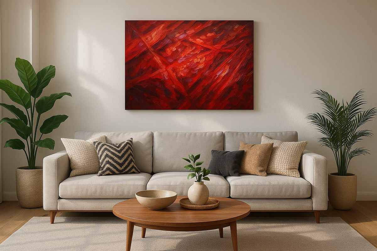 Emberstorm Sonata geometric canvas wall art displayed above a sofa in a styled living room scene