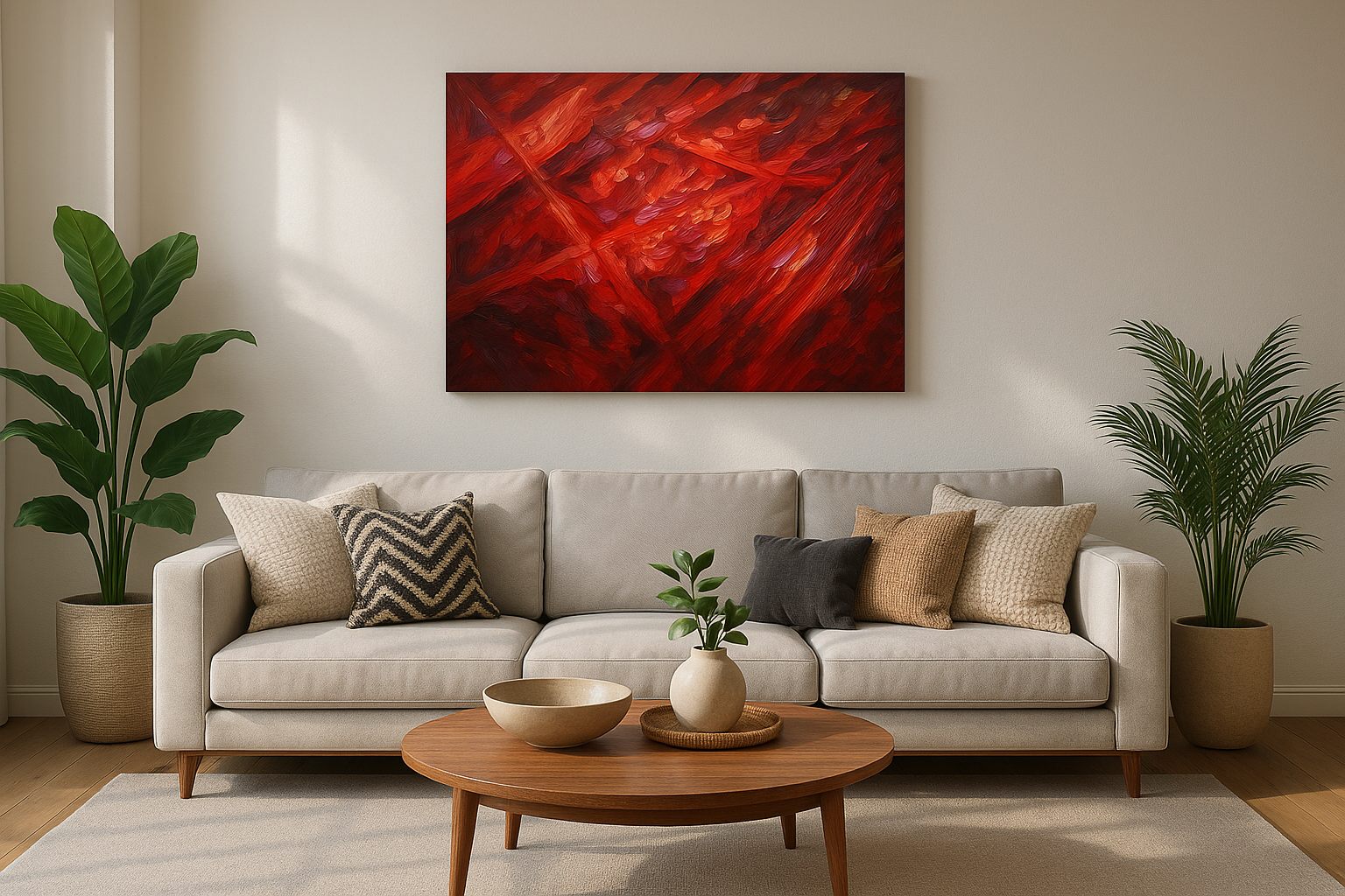 Emberstorm Sonata geometric canvas wall art displayed above a sofa in a styled living room scene