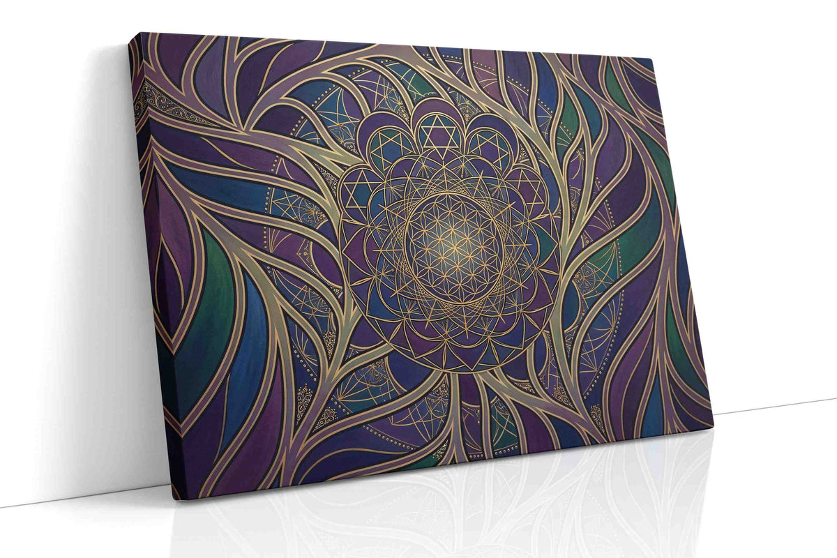 Midnight Bloom Mandala geometric canvas wall art displayed above a bed in a contemporary bedroom