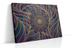 Midnight Bloom Mandala geometric canvas wall art displayed above a bed in a contemporary bedroom