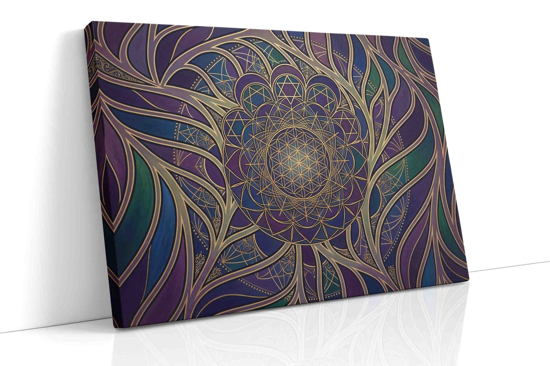 Midnight Bloom Mandala geometric canvas wall art displayed above a bed in a contemporary bedroom